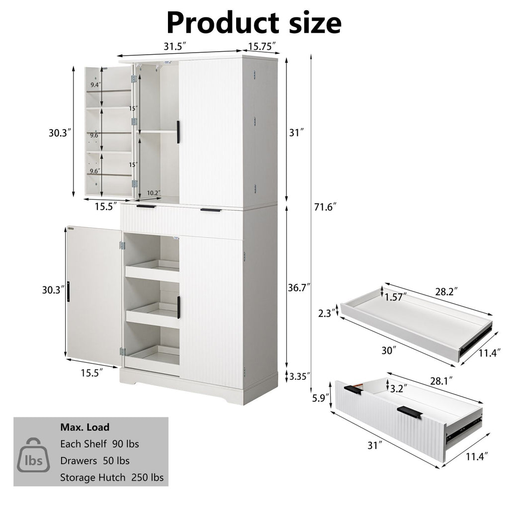 Fluted Freestanding Pantry with Drawers and Door Shelves
