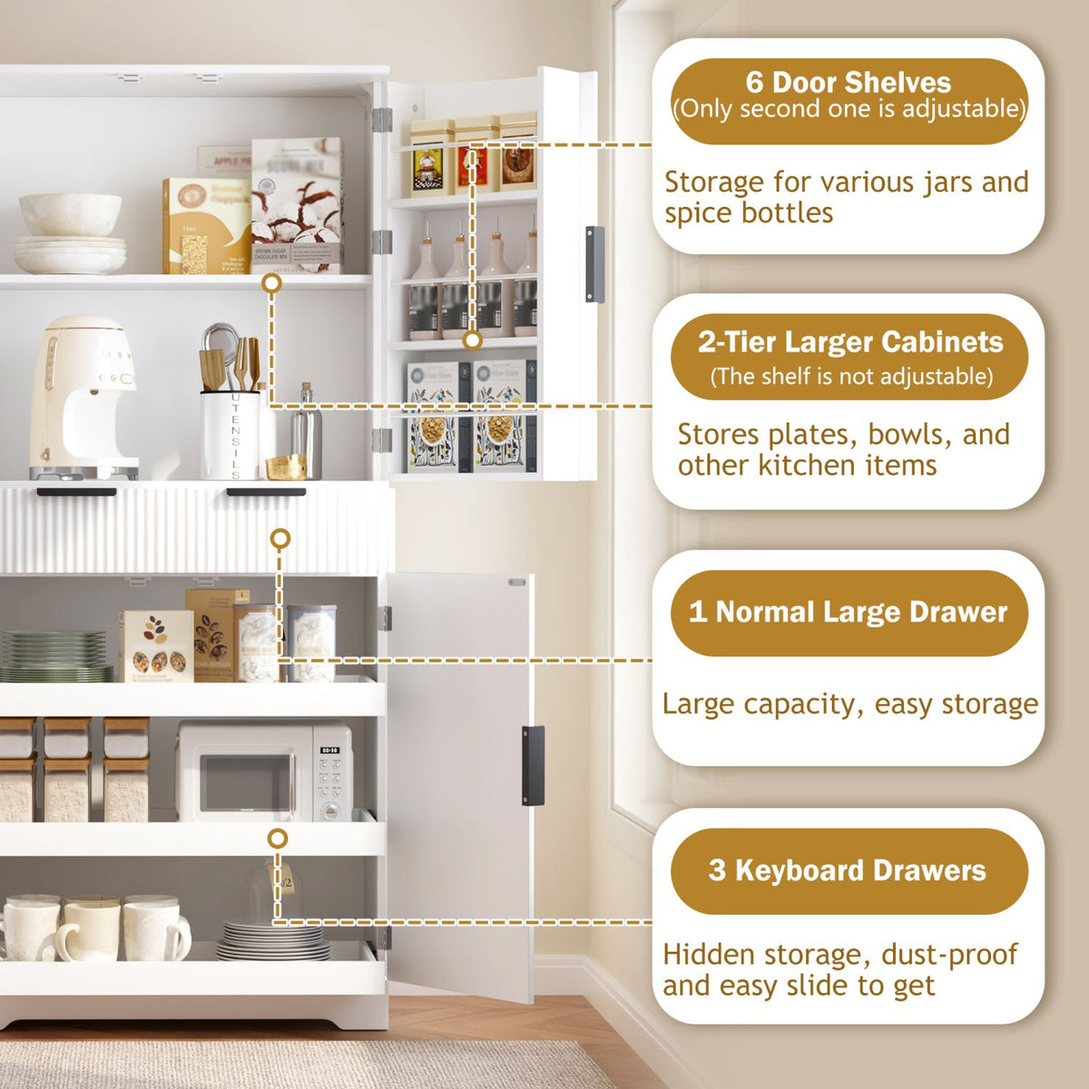 Fluted Freestanding Pantry with Drawers and Door Shelves