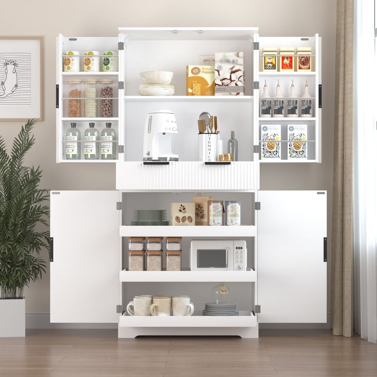 Fluted Freestanding Pantry with Drawers and Door Shelves