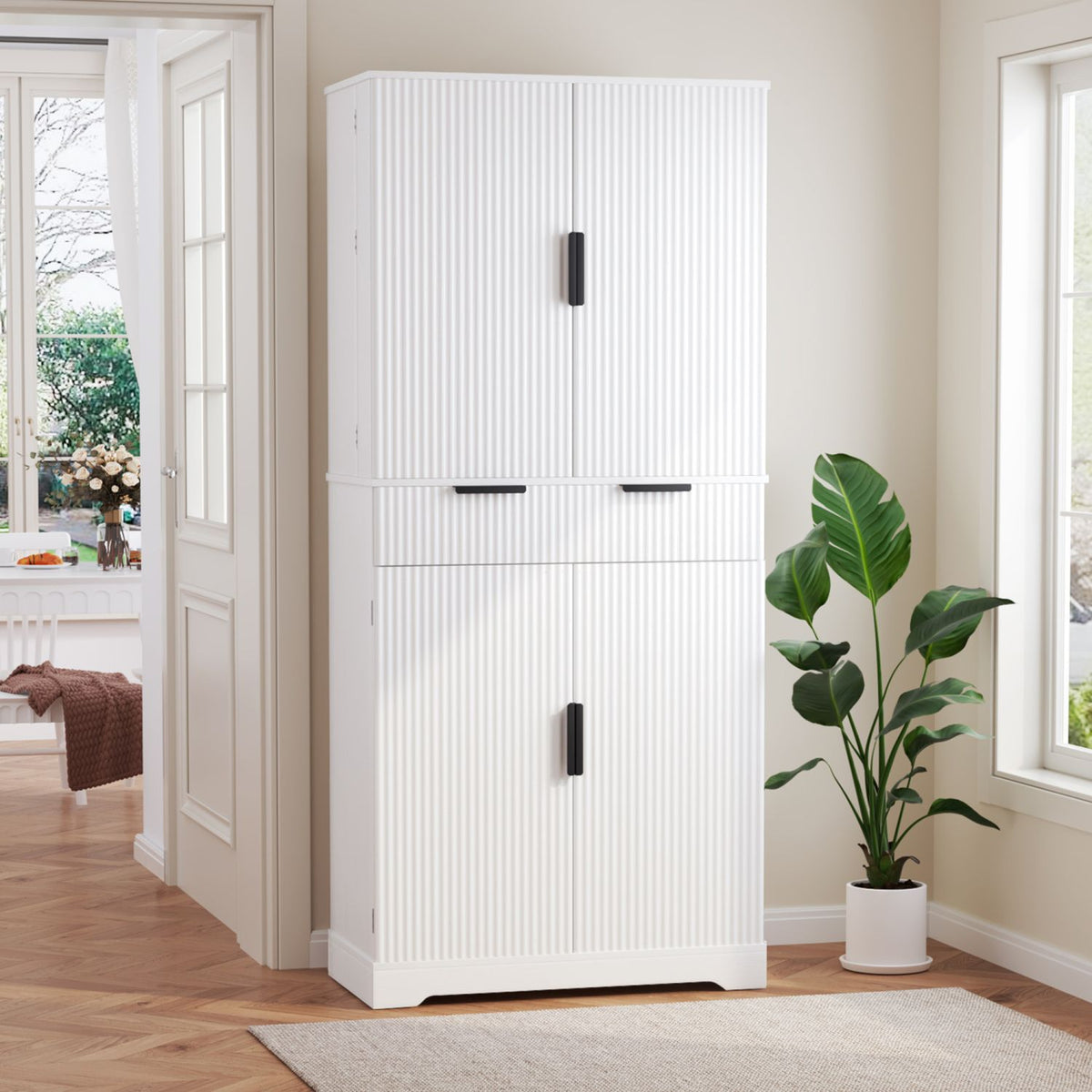Fluted Freestanding Pantry with Drawers and Door Shelves