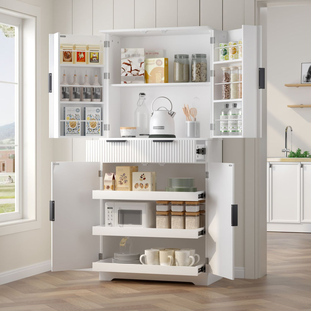 Fluted Freestanding Pantry with Drawers and Door Shelves