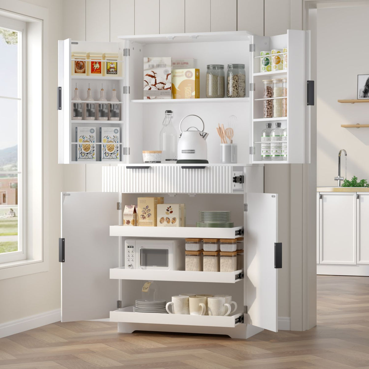 Fluted Freestanding Pantry with Drawers and Door Shelves