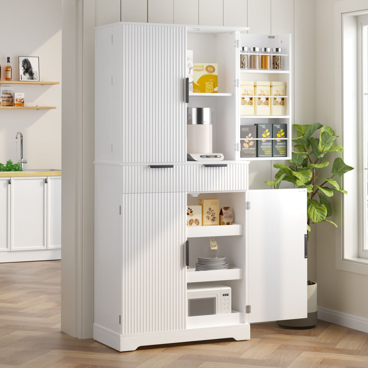 Fluted Freestanding Pantry with Drawers and Door Shelves