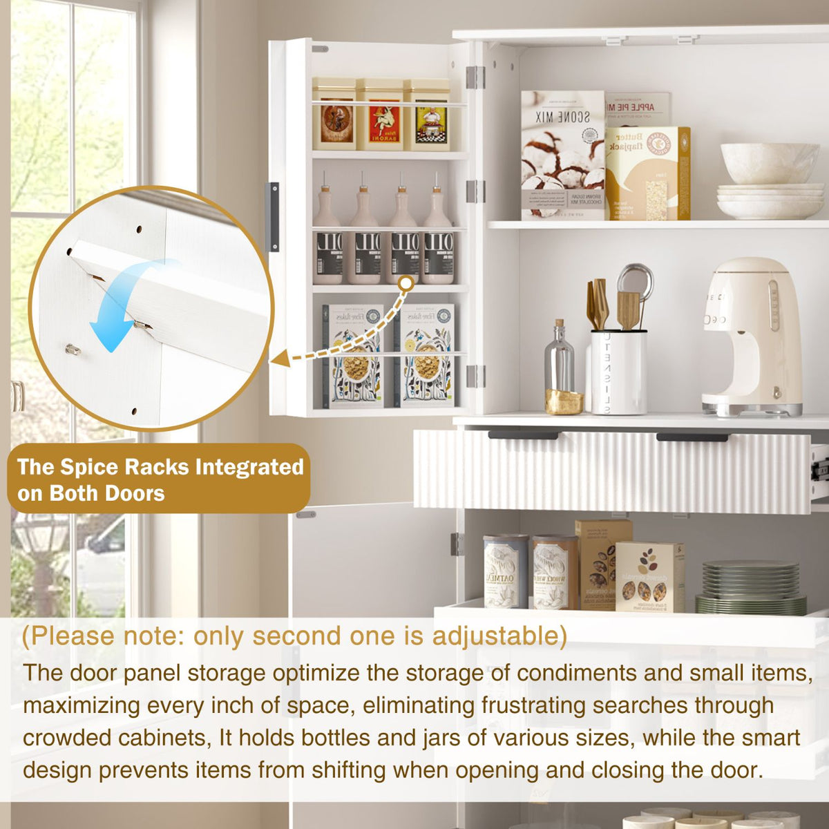 Fluted Freestanding Pantry with Drawers and Door Shelves