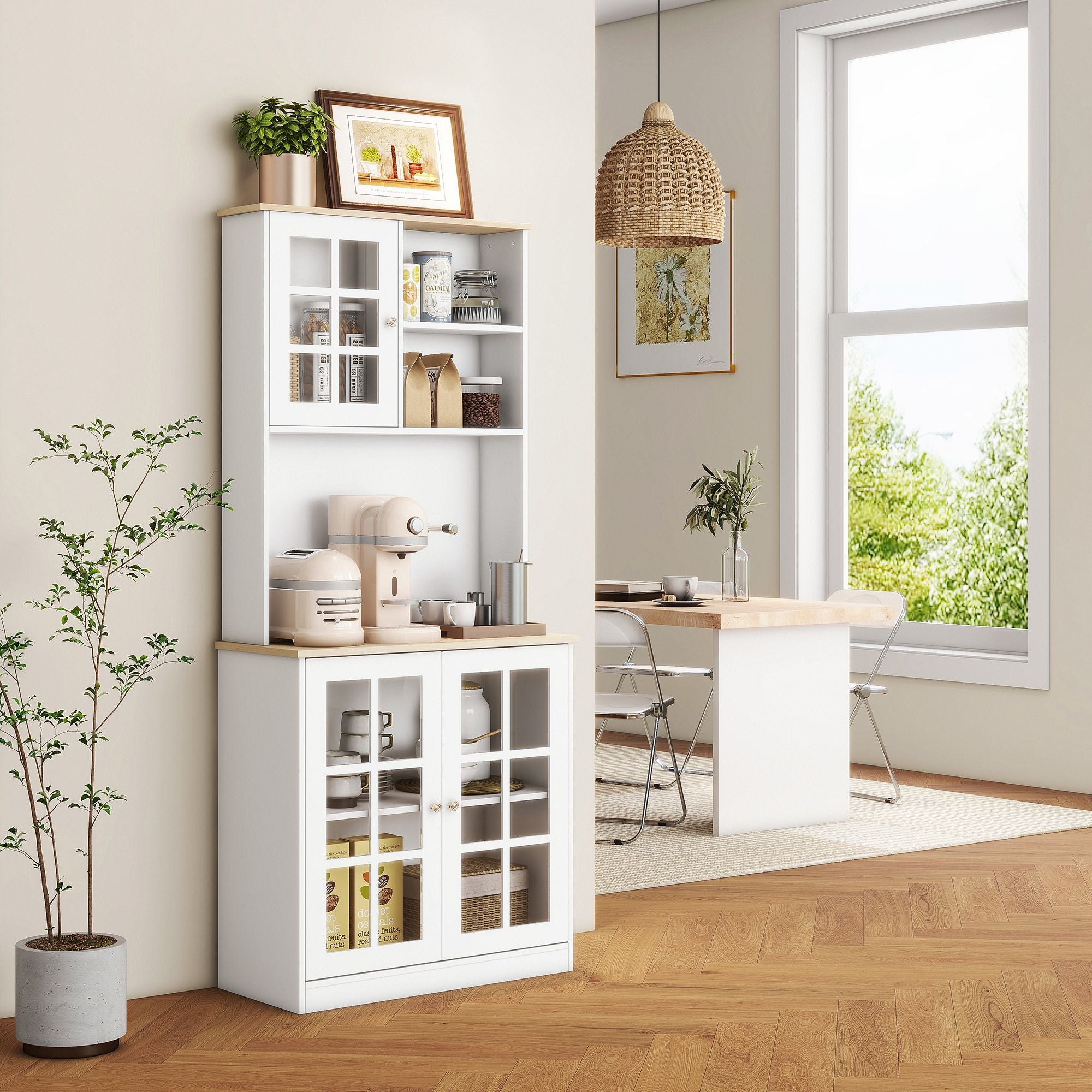 Spacious Freestanding Pantry Cabinet with Glass Doors and Adjustable Shelves