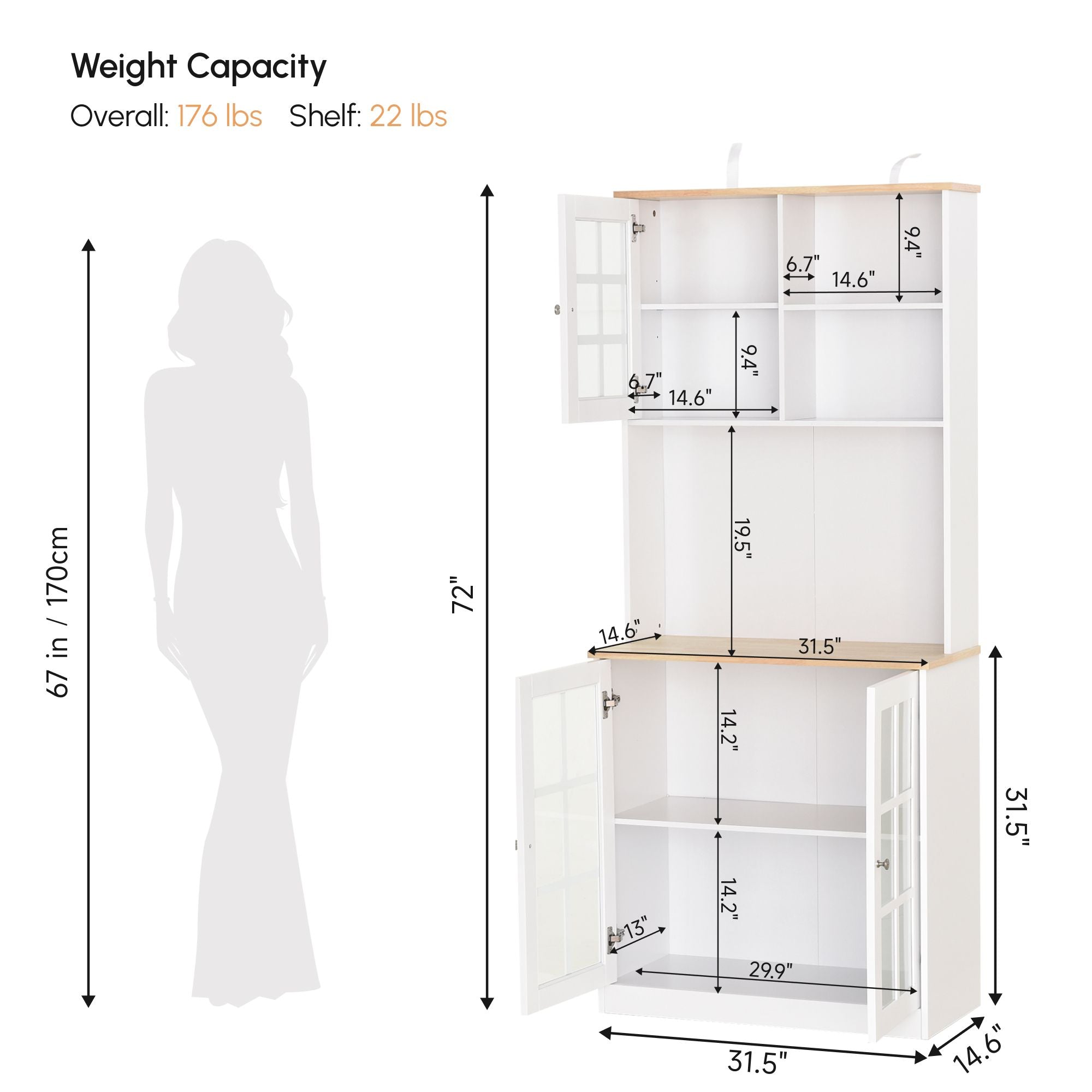 Spacious Freestanding Pantry Cabinet with Glass Doors and Adjustable Shelves