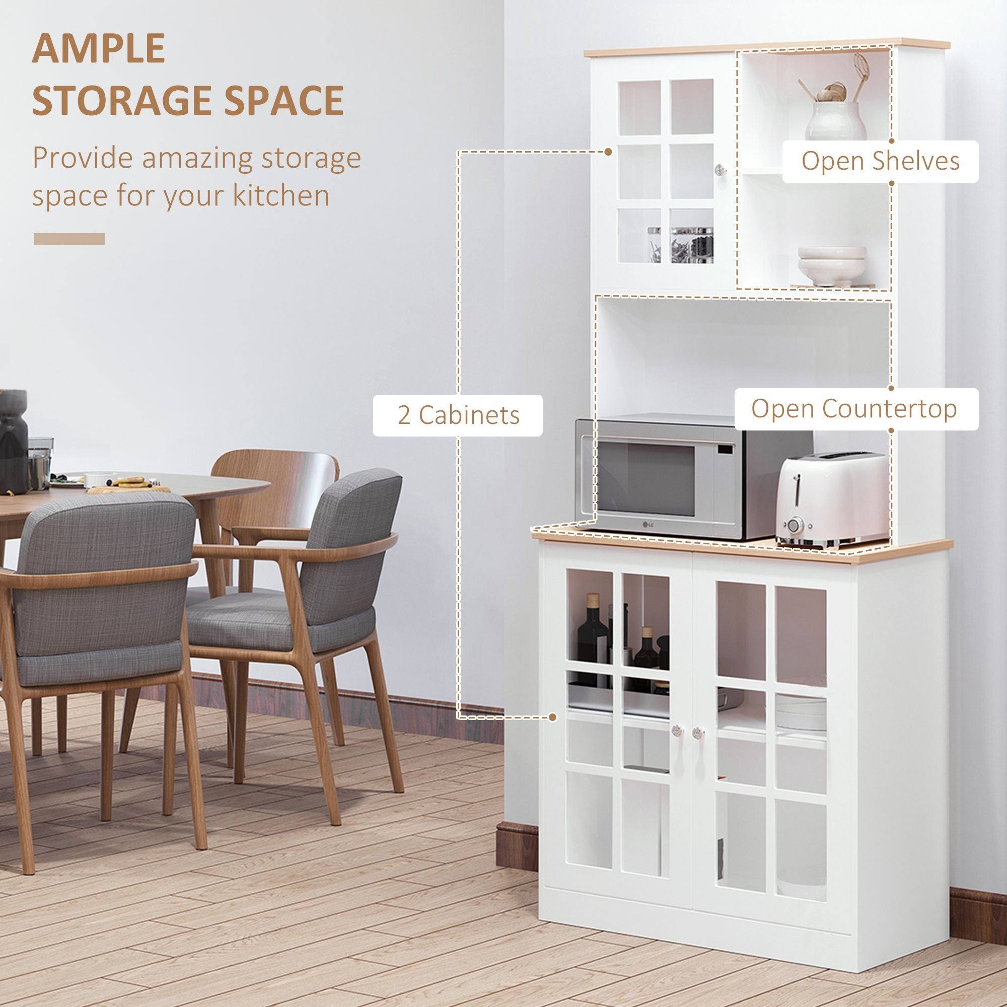 Spacious Freestanding Pantry Cabinet with Glass Doors and Adjustable Shelves