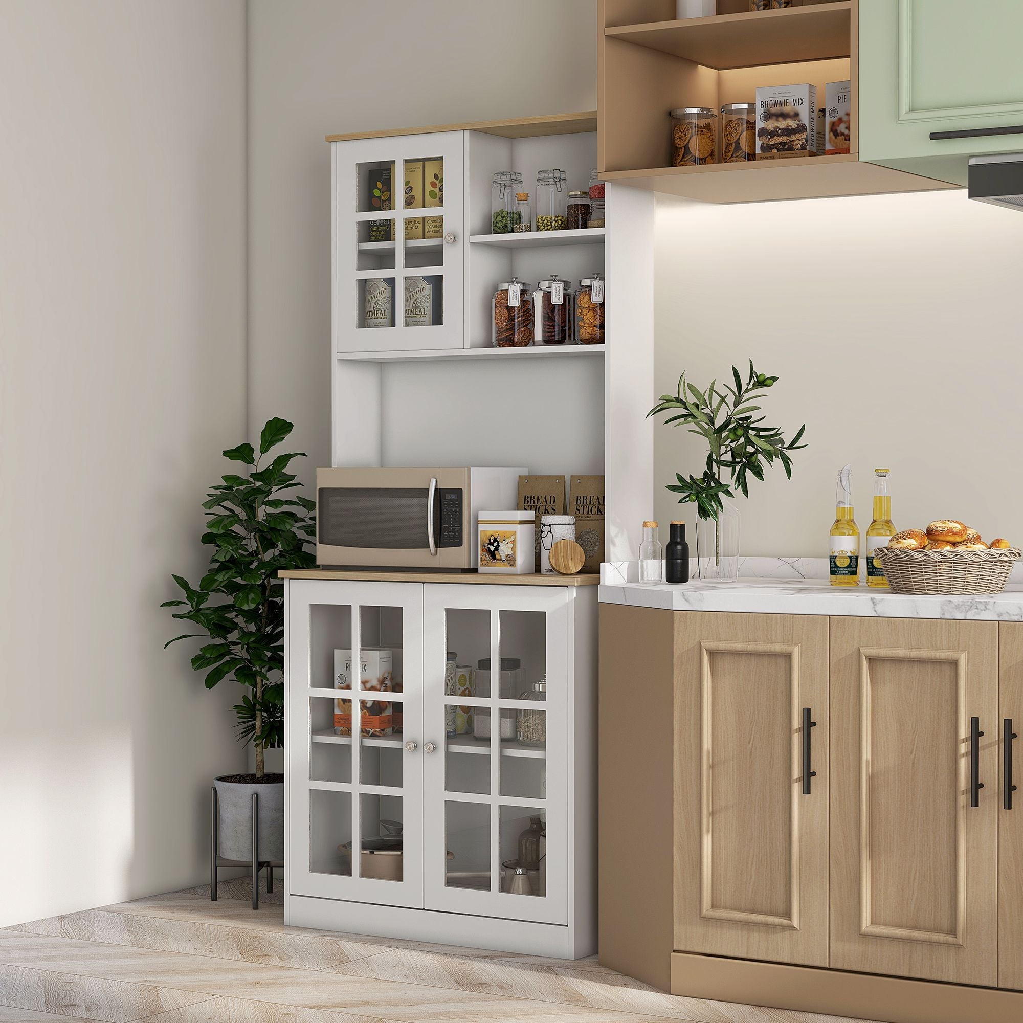 Spacious Freestanding Pantry Cabinet with Glass Doors and Adjustable Shelves