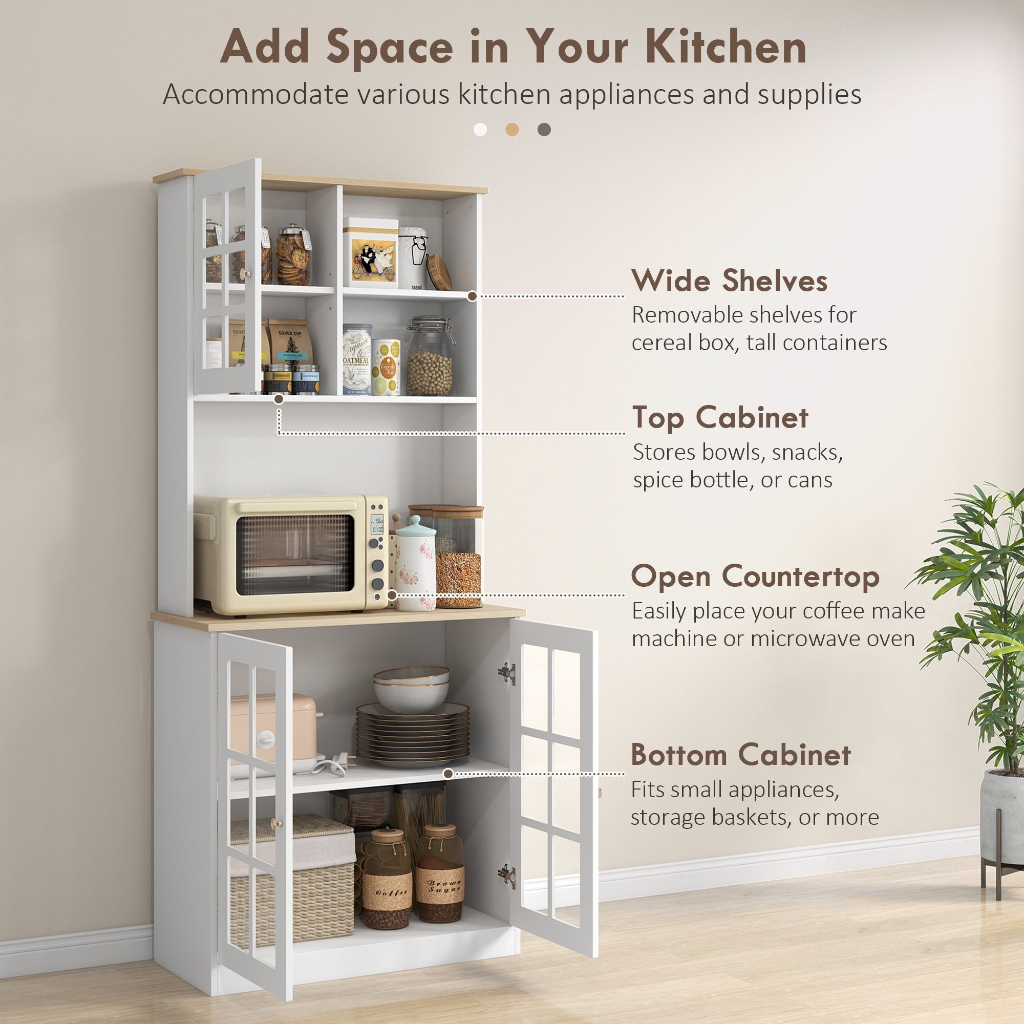 Spacious Freestanding Pantry Cabinet with Glass Doors and Adjustable Shelves