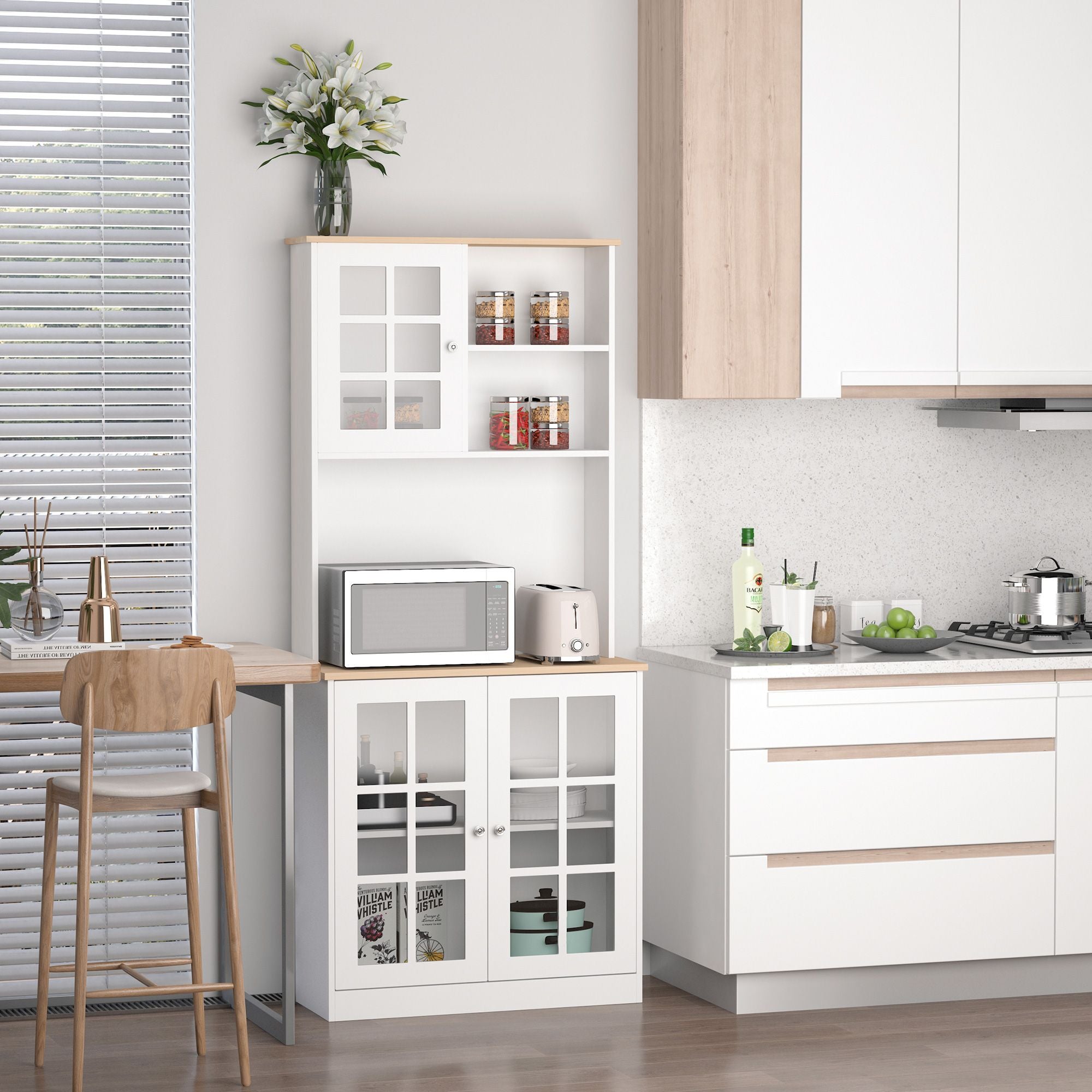 Spacious Freestanding Pantry Cabinet with Glass Doors and Adjustable Shelves