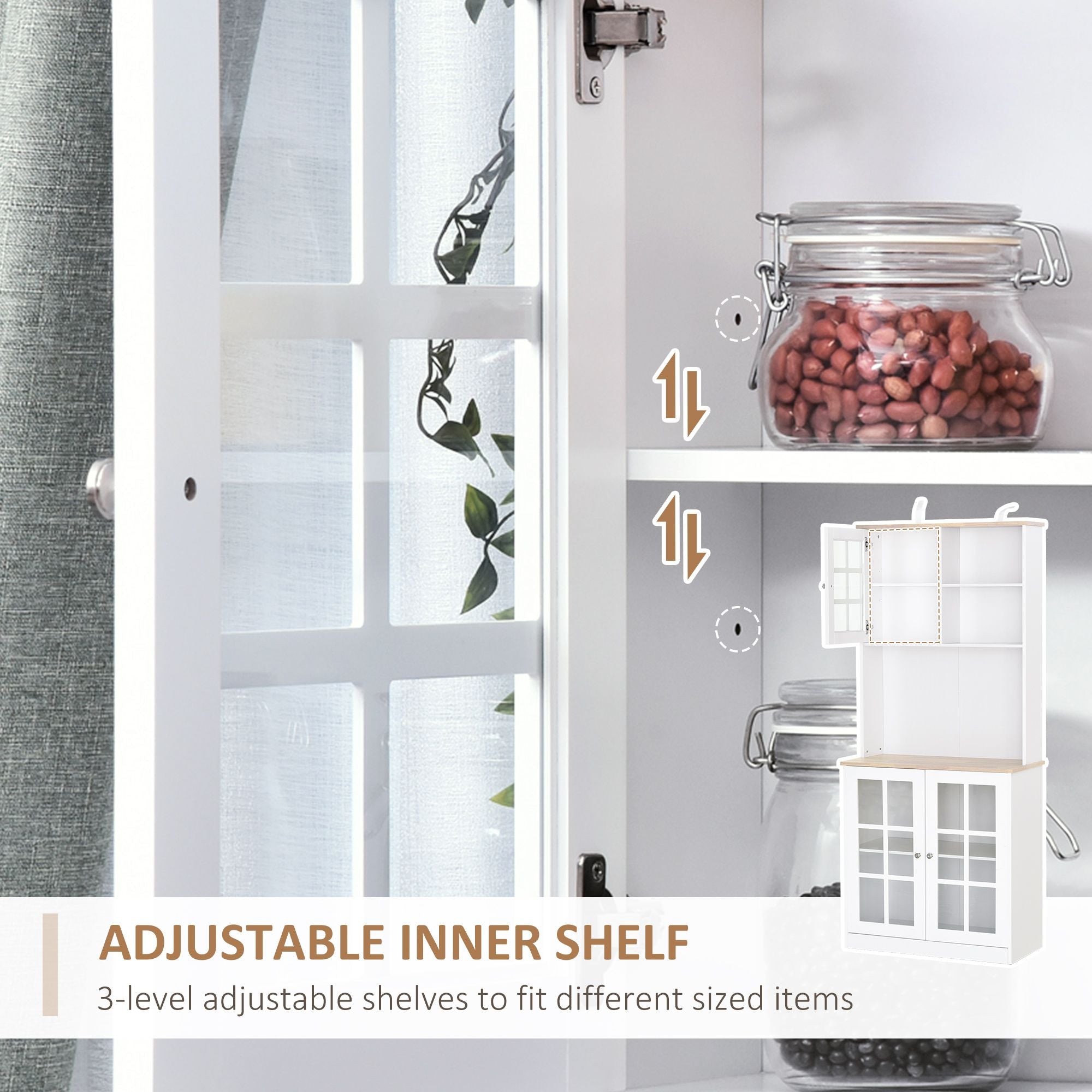 Spacious Freestanding Pantry Cabinet with Glass Doors and Adjustable Shelves