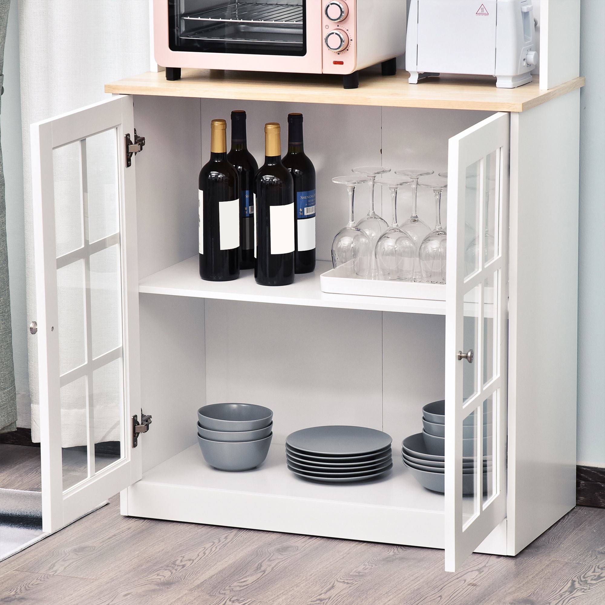 Spacious Freestanding Pantry Cabinet with Glass Doors and Adjustable Shelves