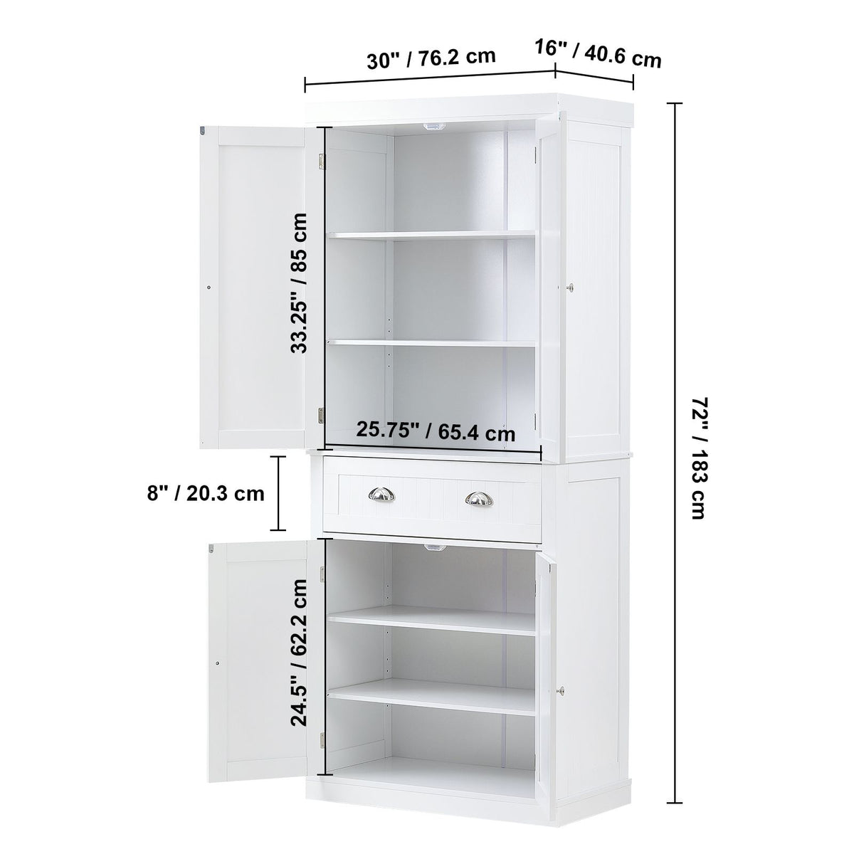 Tall Kitchen Pantry Cabinet with Drawer and Adjustable Shelves, White