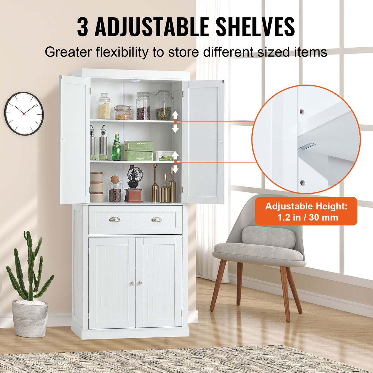 Tall Kitchen Pantry Cabinet with Drawer and Adjustable Shelves, White