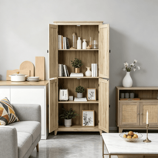Natural Farmhouse Freestanding Kitchen Pantry Cabinet with Barn Doors and Adjustable Shelves