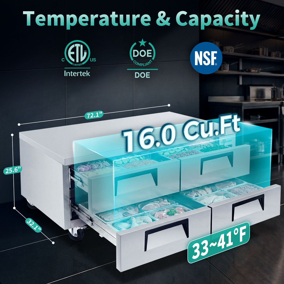 72- Refrigerated Chef Base with 4 Drawers & Stainless Steel Countertop