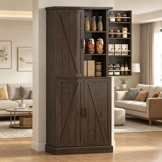 Tall Distressed Brown Kitchen Pantry Cabinet Farmhouse Storage with 8 Door Racks And