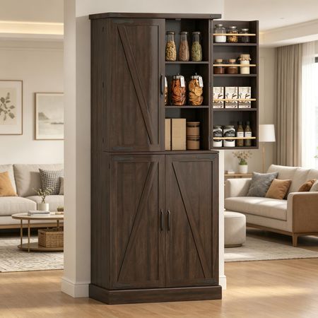 Tall Distressed Brown Kitchen Pantry Cabinet Farmhouse Storage with 8 Door Racks And