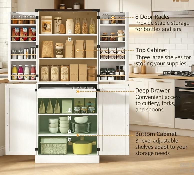 Tall White Kitchen Pantry Cabinet Farmhouse Storage with 8 Door Racks And Adjustable