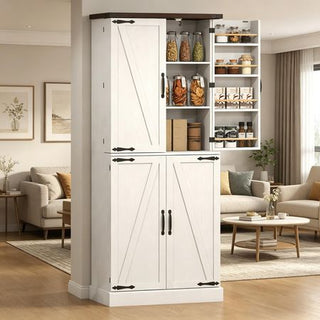 Tall White Kitchen Pantry Cabinet Farmhouse Storage with 8 Door Racks And Adjustable