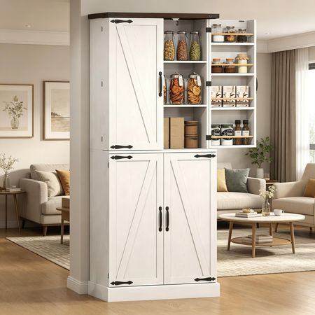 Tall White Kitchen Pantry Cabinet Farmhouse Storage with 8 Door Racks And Adjustable