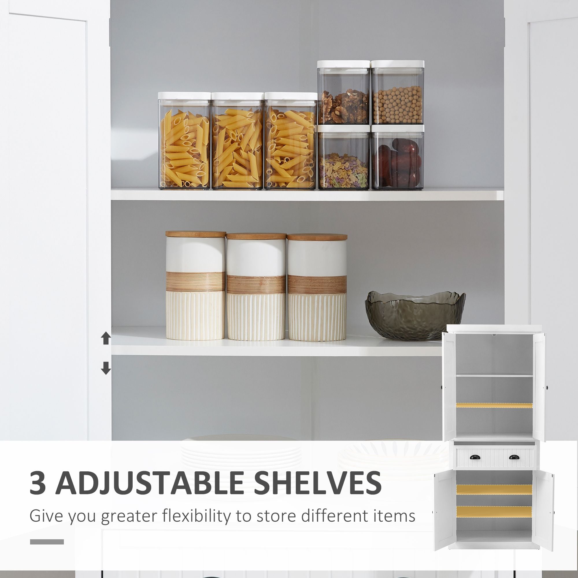 Traditional White Pantry Cabinet with Drawer and Adjustable Shelves