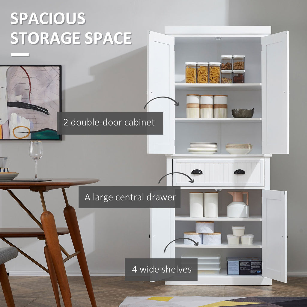Traditional White Pantry Cabinet with Drawer and Adjustable Shelves