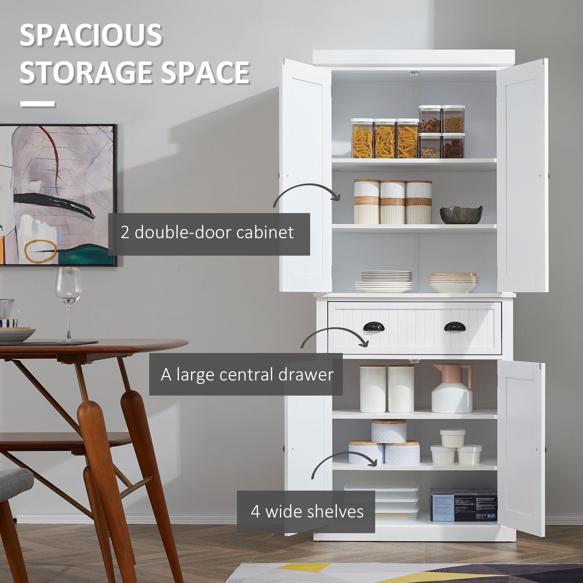 Traditional White Pantry Cabinet with Drawer and Adjustable Shelves
