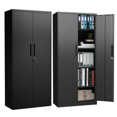 72"H Metal Garage Storage Cabinet, Black Tool Steel Locking Cabinet with Doors and 4