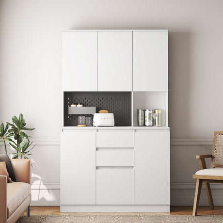 Tall Kitchen Pantry Cabinet with Charging Station and Microwave Shelf