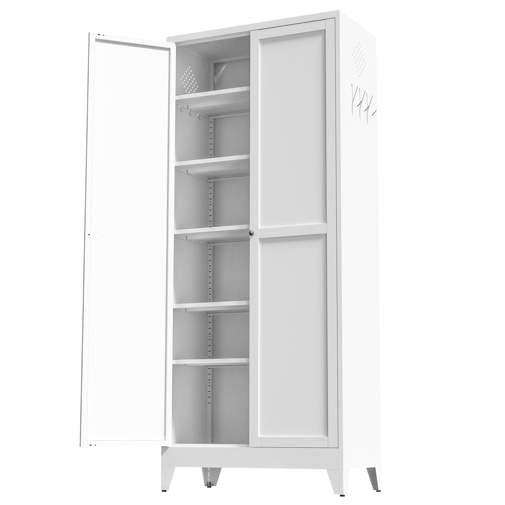 White Five-Shelf Pantry Cabinet with Fluted Doors