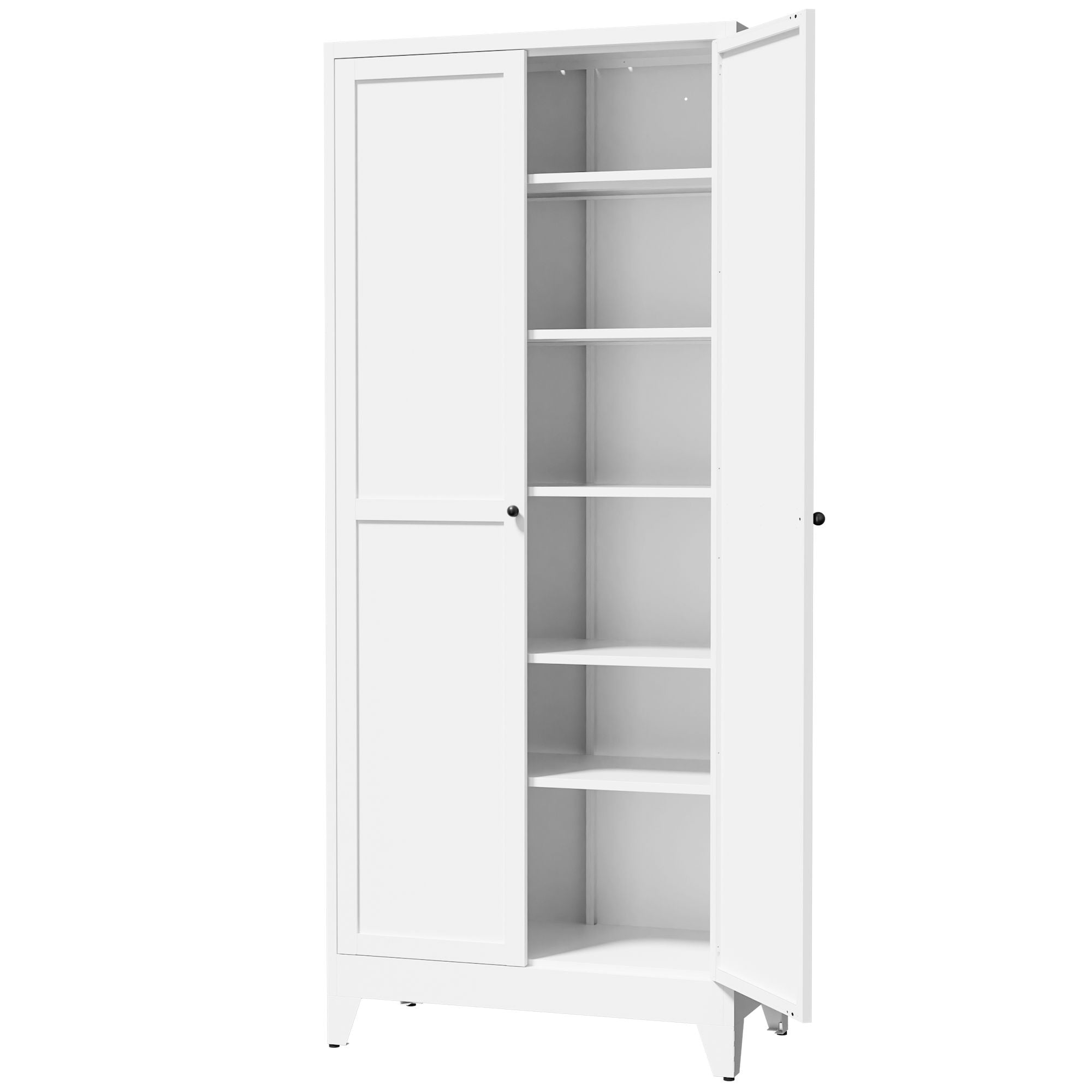 White Five-Shelf Pantry Cabinet with Fluted Doors
