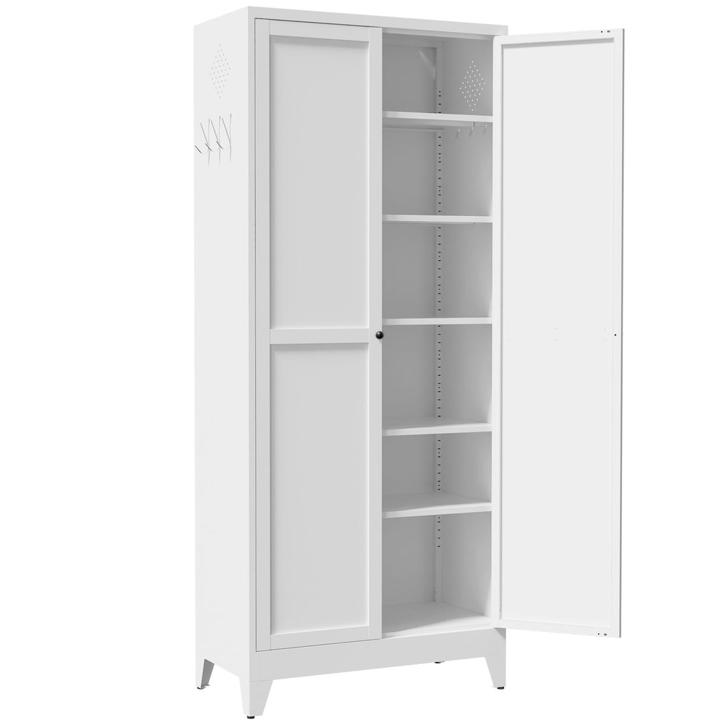 White Five-Shelf Pantry Cabinet with Fluted Doors