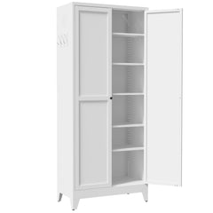 White Five-Shelf Pantry Cabinet with Fluted Doors