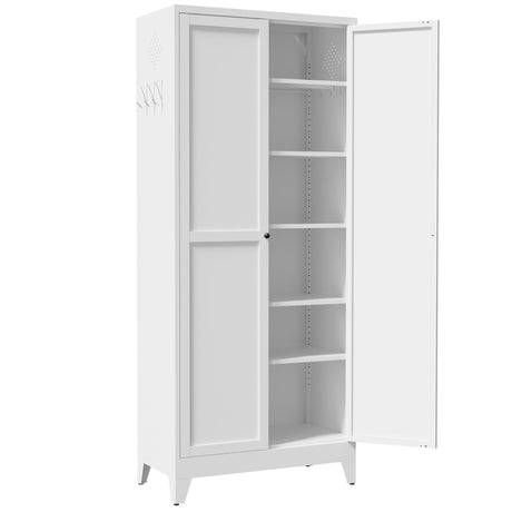 White Five-Shelf Pantry Cabinet with Fluted Doors