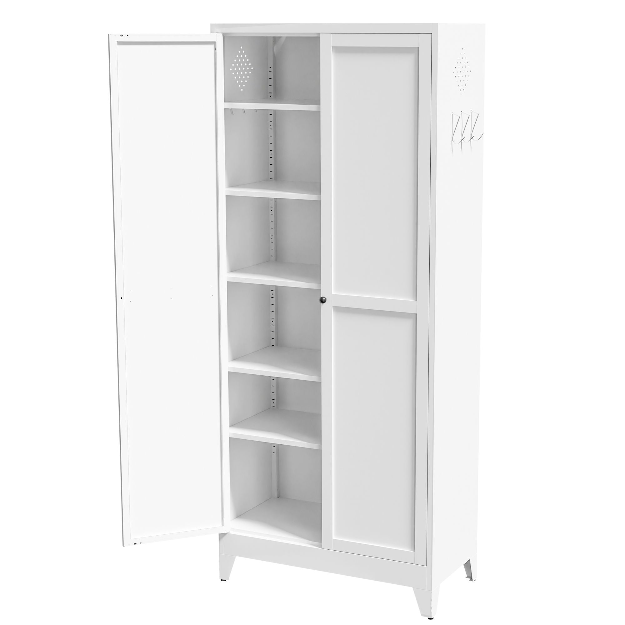 White Five-Shelf Pantry Cabinet with Fluted Doors