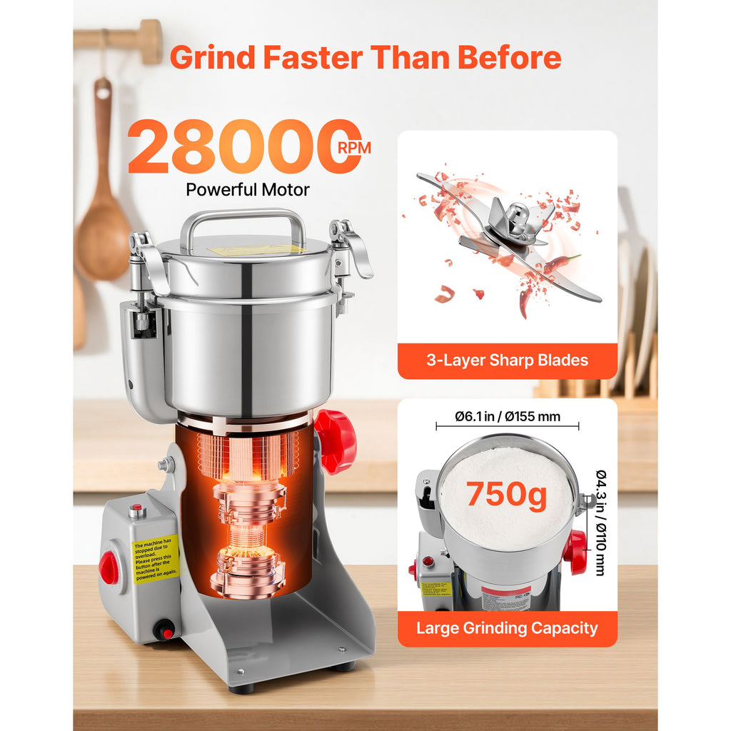 Electric Dry Grain and Spice Grinder with Swing-Style Chamber