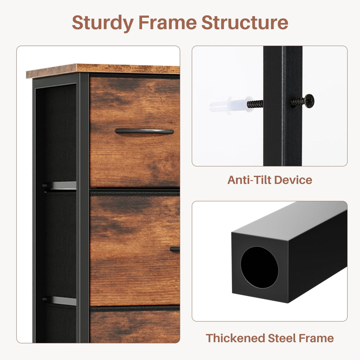 Rust Fabric Drawer Cabinet with Open Shelves