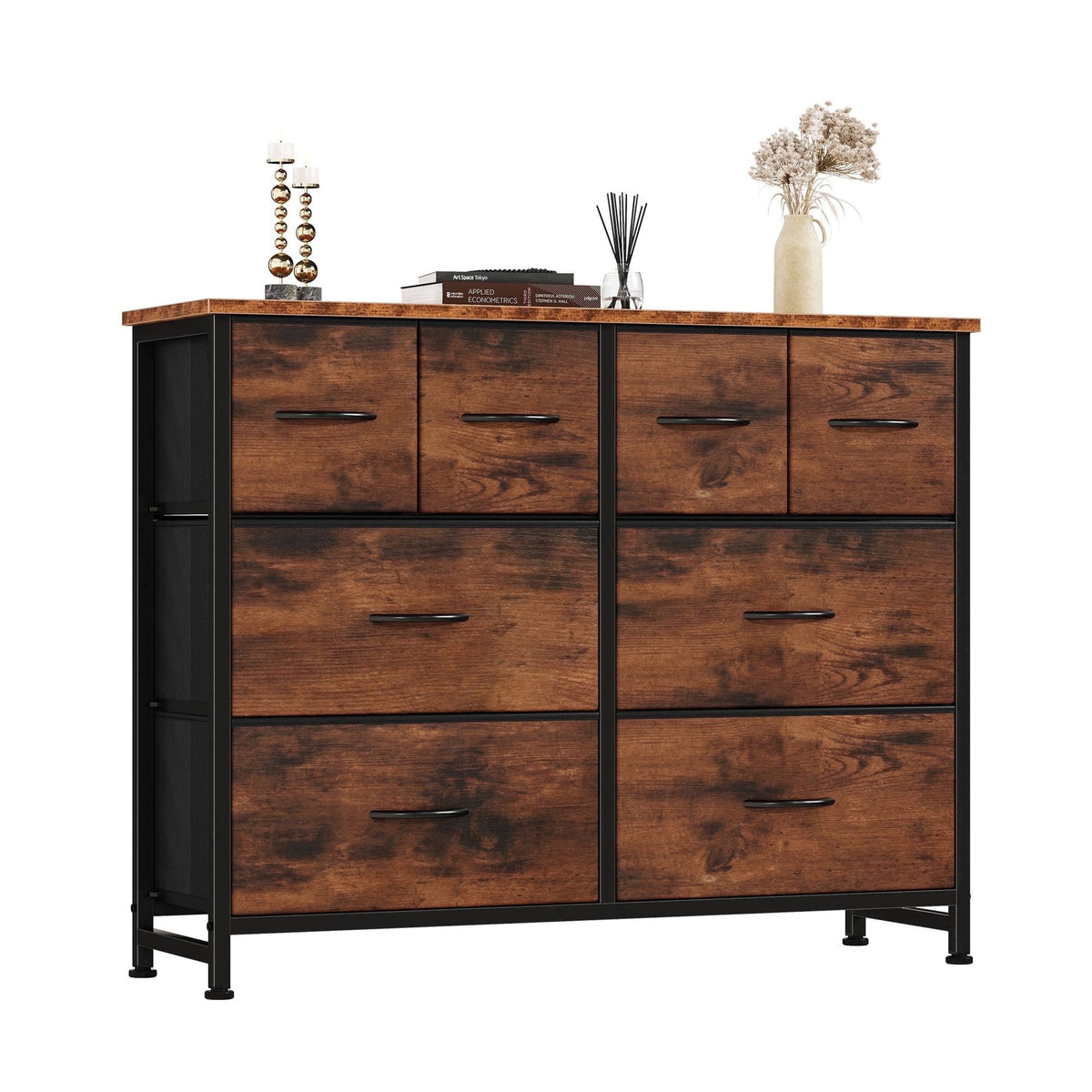 Rust Fabric Drawer Cabinet with Open Shelves