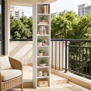Narrow Bookshelf with 8 Open Cubes and Adjustable Shelves