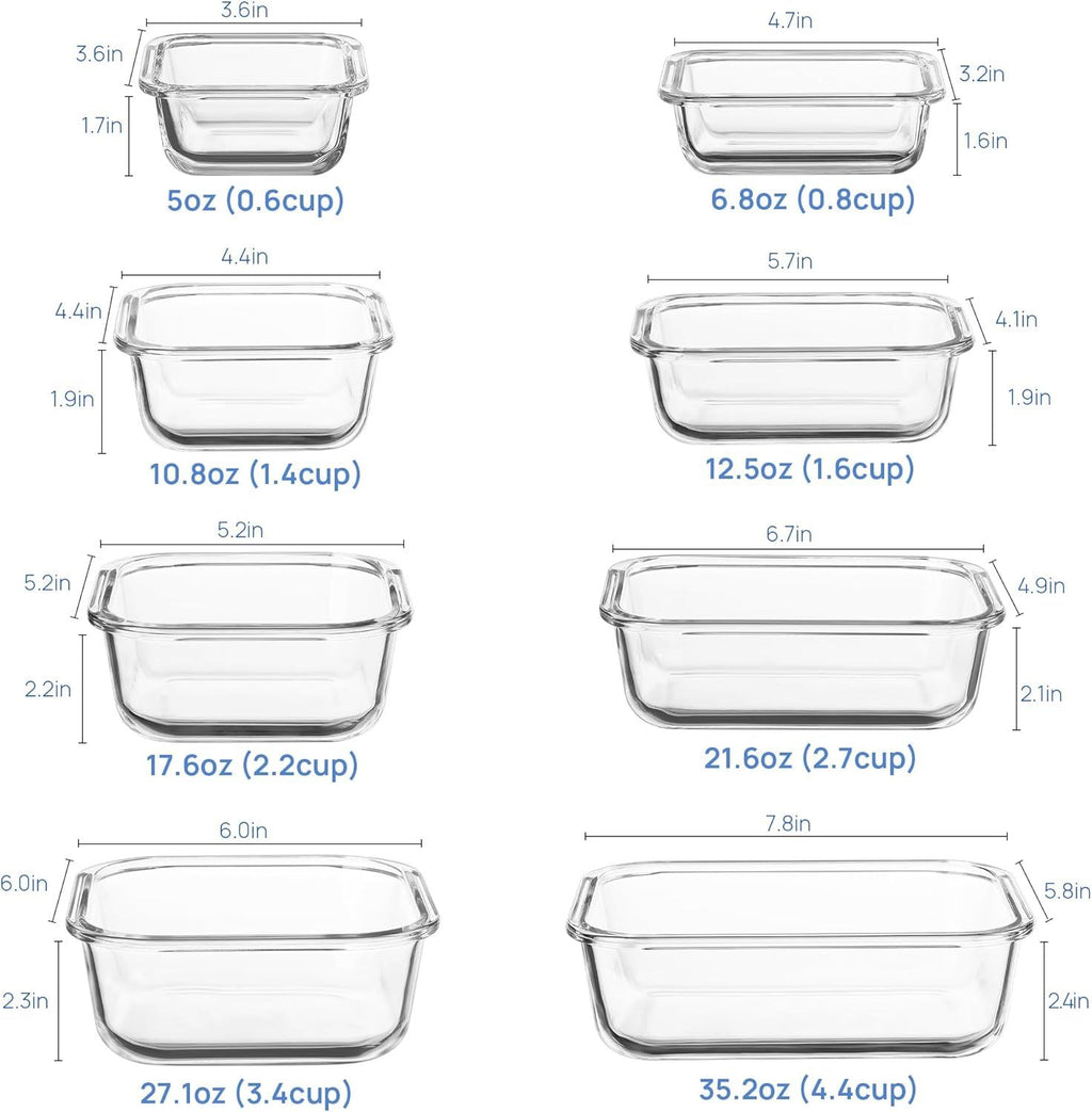 8 Pack Glass Food Storage Containers with Airtight Lids - Meal Prep