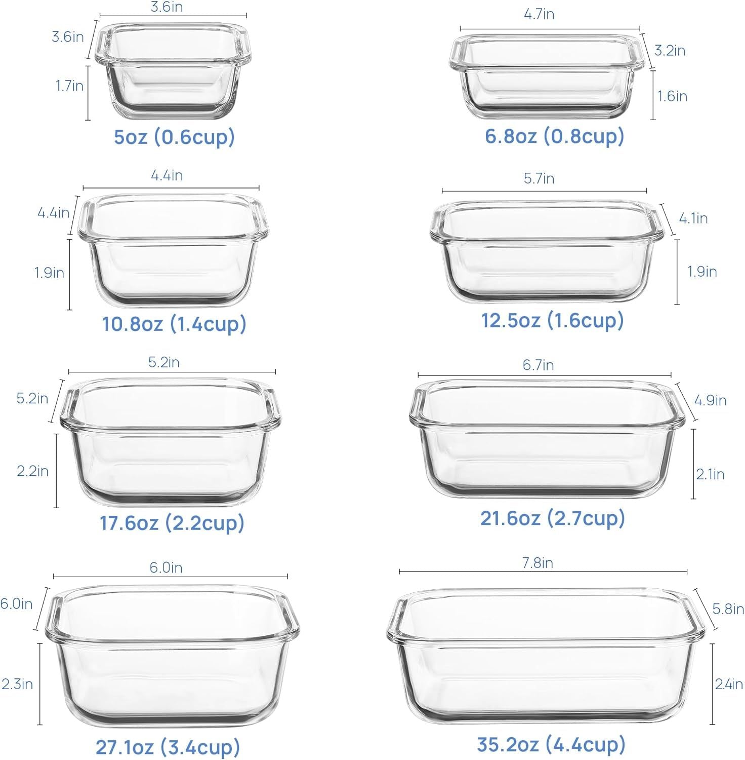 8 Pack Glass Food Storage Containers with Airtight Lids - Meal Prep