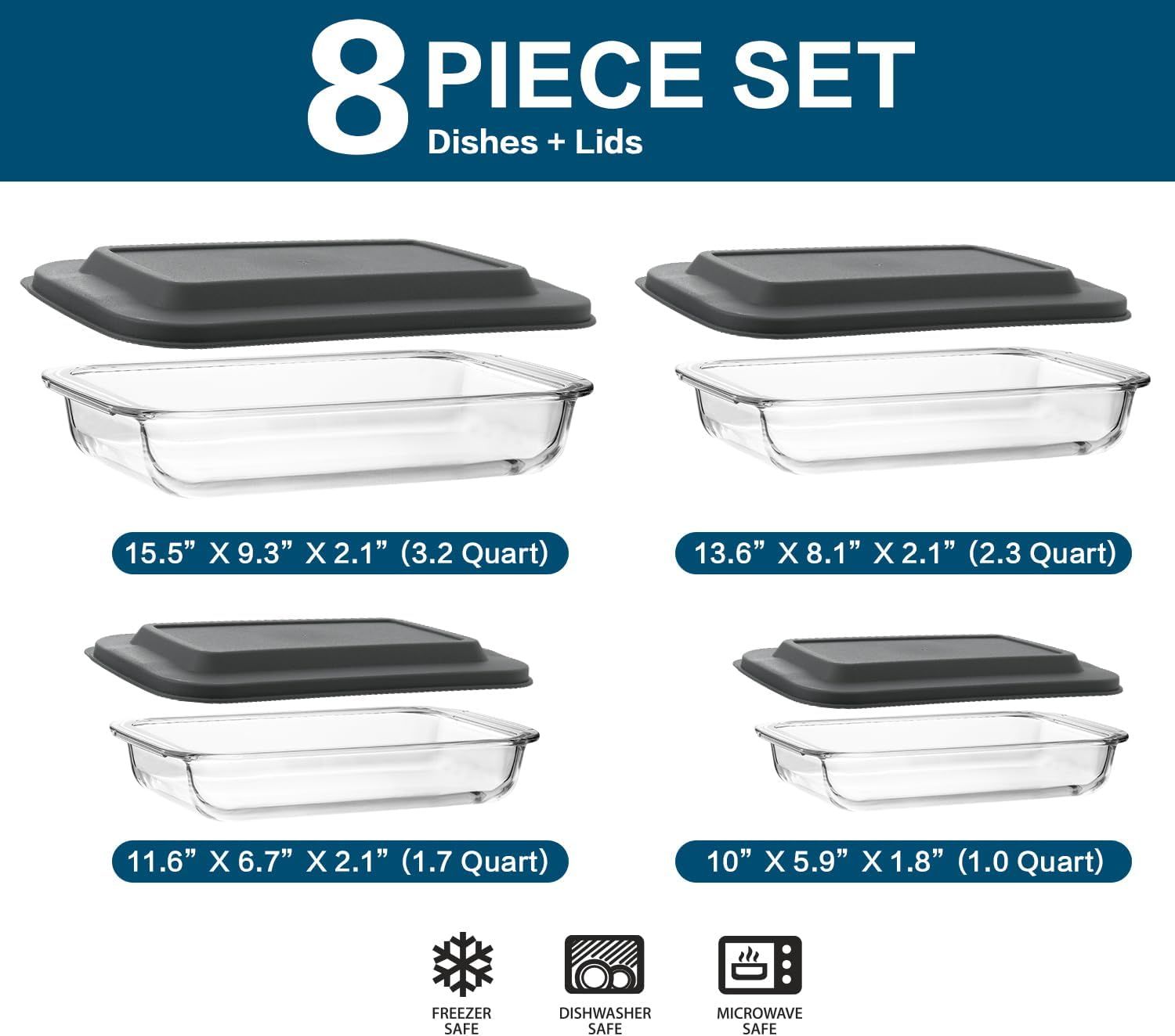 8-Piece Borosilicate Glass Baking Dish Set with Tight-Fitting Lids