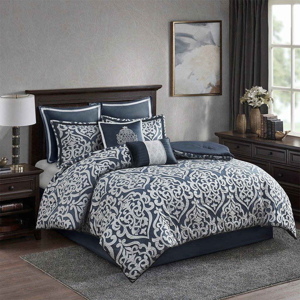 Navy and Silver Damask Medallion Comforter Set
