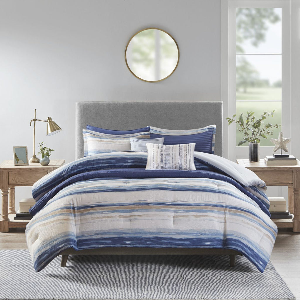 Blue Watercolor Stripe Comforter and Quilt Collection