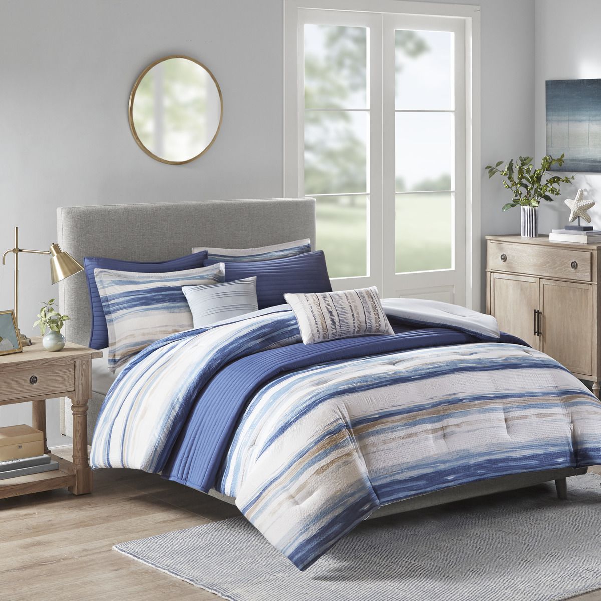 Blue Watercolor Stripe Comforter and Quilt Collection