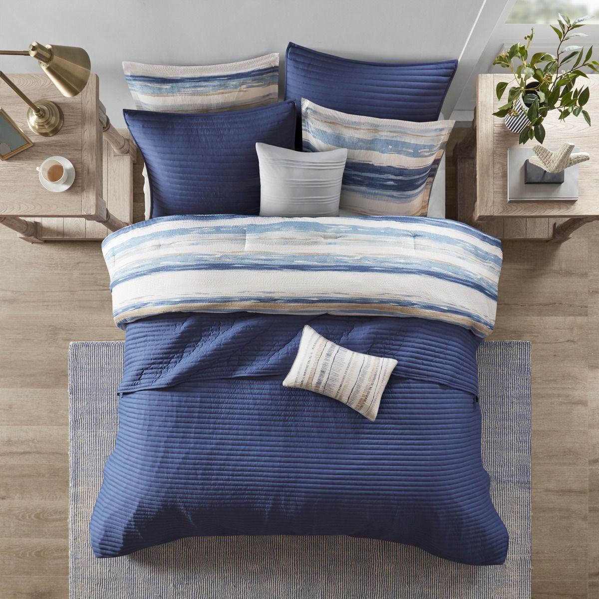 Blue Watercolor Stripe Comforter and Quilt Collection