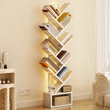 8-Tier Tree Bookshelf with Smart RGB LED Lights and Multi-Purpose Storage