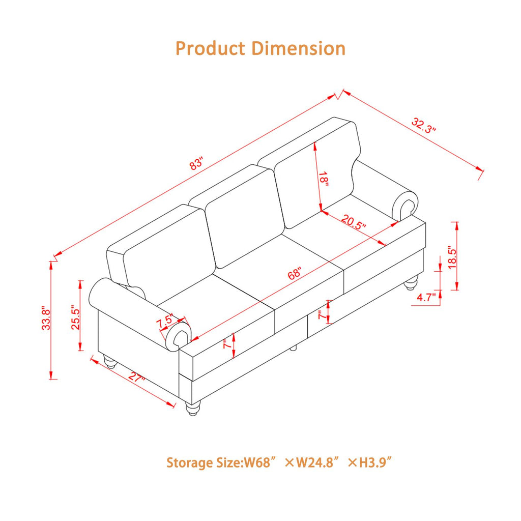 Classic Three-Seater Sofa with Nailhead Trim and Washable Covers