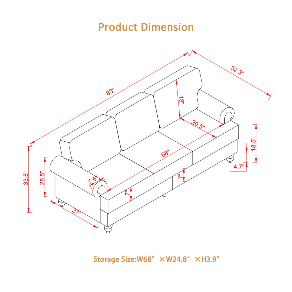 Classic Three-Seater Sofa with Nailhead Trim and Washable Covers